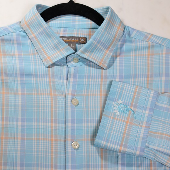 Peter Millar Other - Peter Millar Summer Comfort Mens Large Blue Orange Plaid Performance Shirt MCC